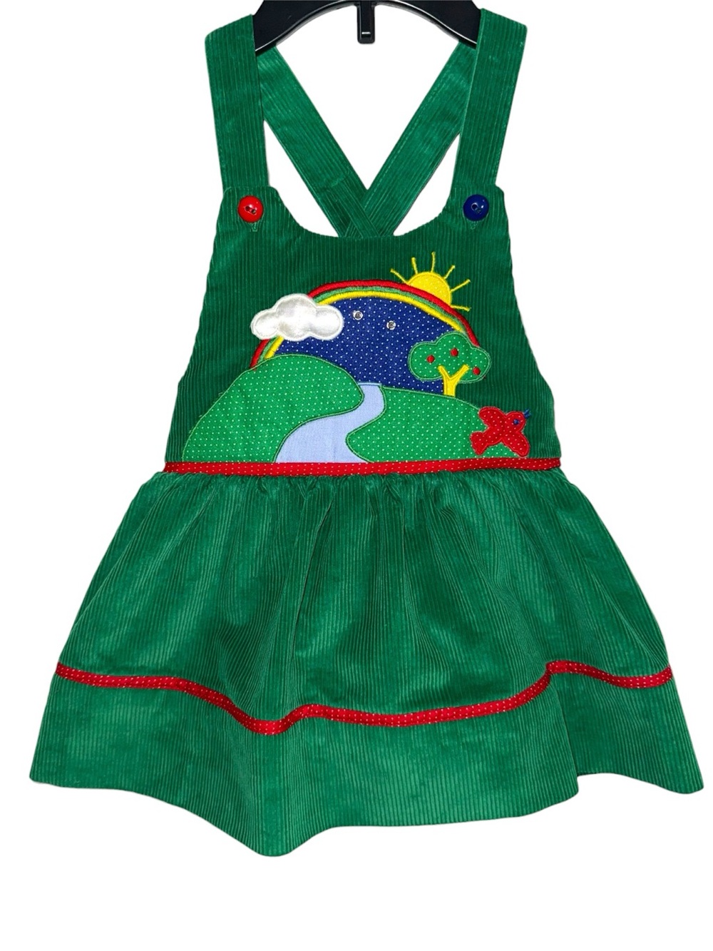 Vintage Green Corduroy Pinafore Dress with Scenic Applique